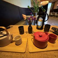 Two pots of tea. We had genmaicha and a fruity one  at Au Lac - DTLA in Los Angeles