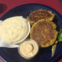 Crabless cakes and mashed potatoes  at World Peace Cafe in Baltimore