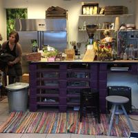 Seating for about 10 people around the edges of the room, with this counter/prep area at the back of the room. Lots of people picked up takeaway orders. at Lotta Love in Malmo