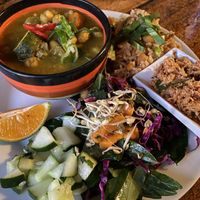 Main course - curry, rice, sambal & salad  at Coco Hill in Bocas Del Toro