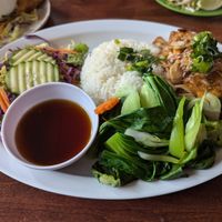 Spicy Tofu rice plate with added vegetables at Lilly's Cafe in New Orleans