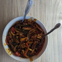 Red Curry Soy Curl Noodles at Shandong in Portland