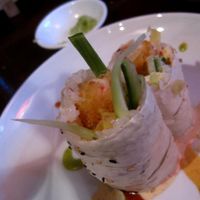 Hawaii sushi : vegan shrimp in tempura, pineapple, cucumber, spicy sauce with coconut and mango.

Very tasty, and the fruits make it kinda sweet. at Sushi Momo in Montreal