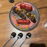 Chocolate cake with matcha icing at Sushi Momo in Montreal