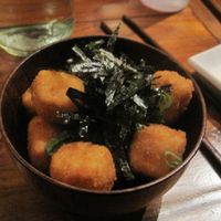 Tofu Agedashi (fried tofu, tempura sauce, shredded daikon).

This appetizer is really good. I'd order it again. at Sushi Momo in Montreal