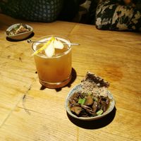 Cocktail and oyster mushroom shooter at Sushi Momo in Montreal