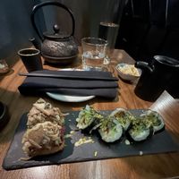 Mushroom, caviar and truffle Krispy Rice & The green machine roll  at Sushi Momo in Montreal