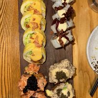 Big Momo, Kara-Age, Oyster Mushroom & Truffle, and Salmon & Caviar  at Sushi Momo in Montreal