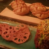 “Beef” (Beet) tartare and fried gyoza. at Sushi Momo in Montreal