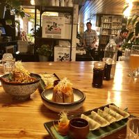 Papaya salad + spring rolls + dumplings at Sushi Momo in Montreal