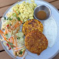 Thai style corn fritters $20.50 with tofu scramble (+$4.00) at Heal.Thy Self Co in Yarraville