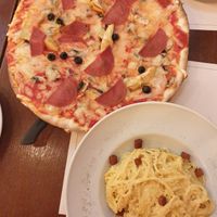 Capricciosa pizza €14.00, Spaghetti carbonara €14.00 at Origano Trevi in Rome