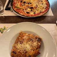The lasagne was delicious and was a great portion size. The pizza was tasty, with vegan cheese, black olives, artichoke, and vegan ham.  at Origano Trevi in Rome