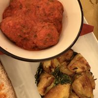 “Meatballs” in red sauce / Potatoes over spinach  at Origano Trevi in Rome