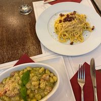Pesto gnocchi and carbonara  at Origano Trevi in Rome