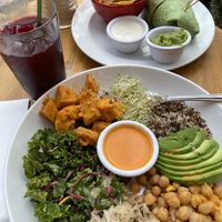 Kids burrito, hibiscus tea & big mixed plate of yummynessss  at Jungle Cafe in Brooklyn