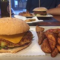 Potato - Leek burger and fries. MMMM at Black Mamba Burgers and Records in Porto