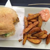 burger and fries  at Black Mamba Burgers and Records in Porto