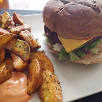 Vegan burger and fries at Black Mamba Burgers and Records in Porto