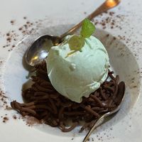 Chocolate spaghetti with mint ice cream  at Ristorante Da Mario alla Fava in Venice