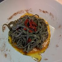 Hemp tagliolini with pumpkin cream, goji berries, poppy seeds and cinnamon at Ristorante Da Mario alla Fava in Venice