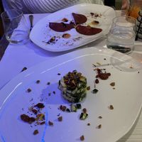 Ravioli starter and courgette avocado starter, both delicious   at Ristorante Da Mario alla Fava in Venice