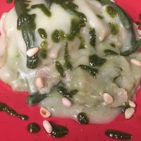 Lasagna with potato cream, green beans, pesto and pine seeds at Ristorante Da Mario alla Fava in Venice