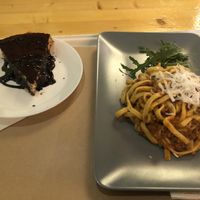 Pasta with seitan ragu and chocolate cake at Il Vegano Bistrot in Florence