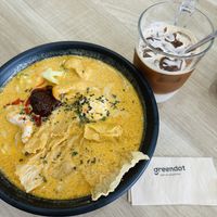 Yummy laksa and oat latte.👍🏼  at Greendot 绿一点 - Paya Lebar in Central Singapore