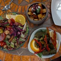 FATTOUSH salad, DOLMADAKIA, BRAVAS at Meze Meze in Edinburgh