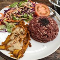 Yellow curry sweet sauce with grilled mushroom and brown rice, 85 baht at Blue Gate Cafe  in Chiang Mai