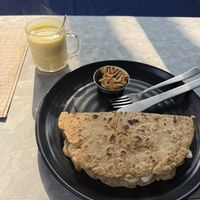 oat date peanut butter crepe. turmeric coconut latte.  at Soul Kitchen in Rishikesh