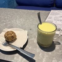 cashew date ball. tumeric coconut latte.  at Soul Kitchen in Rishikesh