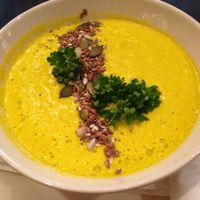 Warm raw pumpkin and curry cream soup - yummmmm! at Vegan Inspiratsioon in Tallinn