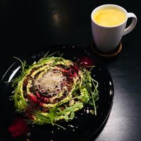 Chickpea-veggie omelette with hot sea buckthorn-ginger drink! mmm... at Vegan Inspiratsioon in Tallinn