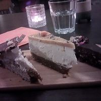 Cake selection L-R Peanut butter and chocolate, marzipan and Estonian 'spotted dog' at Vegan Inspiratsioon in Tallinn
