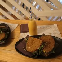 Sandwich with mango shake at Romeow Cat Bistrot in Rome