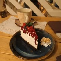 Cheesecake with raspberry sauce at Romeow Cat Bistrot in Rome