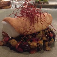 Savoury sicilian cannoli with almond ricotta and chives filling and summer vegetables caponata  at Romeow Cat Bistrot in Rome