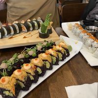 Spicy Mang in the front, mushroom in the middle, spicy “tuna” on the right, spicy jackfruit “crab” in the back  at Beyond Sushi in New York City