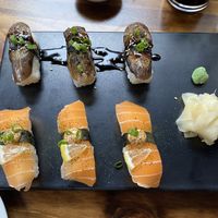Eggplant unagi and zalmon sushi  at Beyond Sushi in New York City