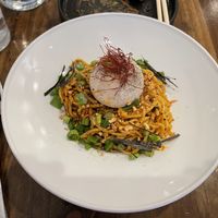 New dish on the menu - Chili 🌶️ Noodle with a vegan ‘egg’ on the top - very delicious   at Beyond Sushi in New York City