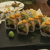 2 different types of sushi and some remnants of the faux chicken skewers  at Beyond Sushi in New York City