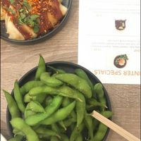 edamame beans and the badge dumplings at Beyond Sushi in New York City
