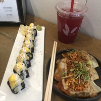 Sweet Tree rolls, Fun-Guy dumplings, and blueberry lemonade  at Beyond Sushi in New York City