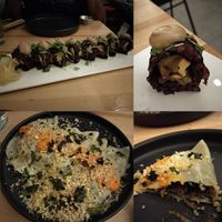 Mushroom tofu sushi and dumplings of the day topped with lemon panko breadcrumbs and kale. at Beyond Sushi in New York City