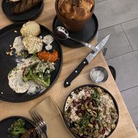 Kebab with egg plant entrants and bread  at Beyond Sushi in New York City