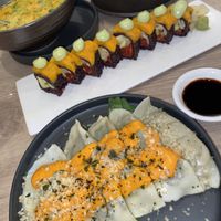 Dumplings and sushi  at Beyond Sushi in New York City