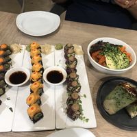 So delicious! Mushroom rice roll, salad, and three different rolls here  at Beyond Sushi in New York City