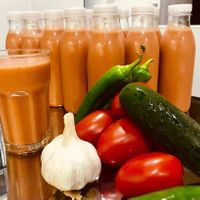Fresh gazpacho with olive oil at Estacion Quimera in Malaga
